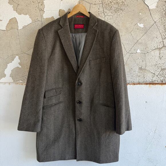 Herringbone Tweed Coat Brown Wool Winter Overcoat Mantoni Italy Mens 48 Academia - Picture 1 of 6